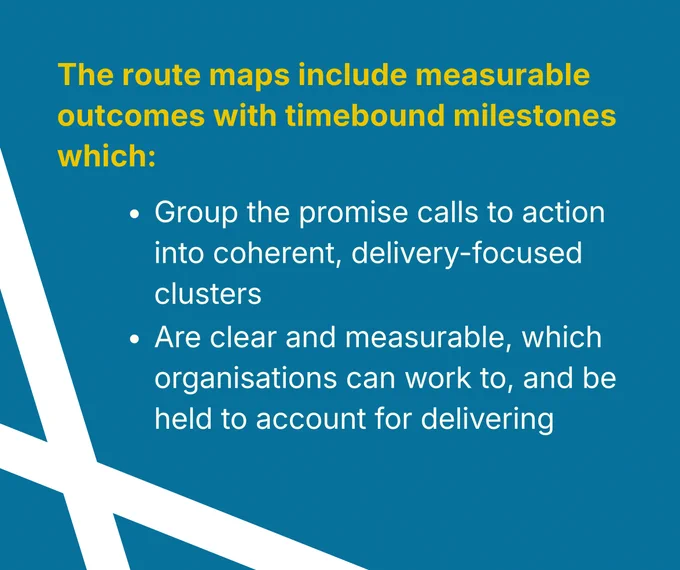 Text explaining route maps include measurable outcomes with timebound milestones which group the promise call to action into coherent delivery-focused clusters and are clear and measurable so organisations can work to and be held to account for delivering them. 