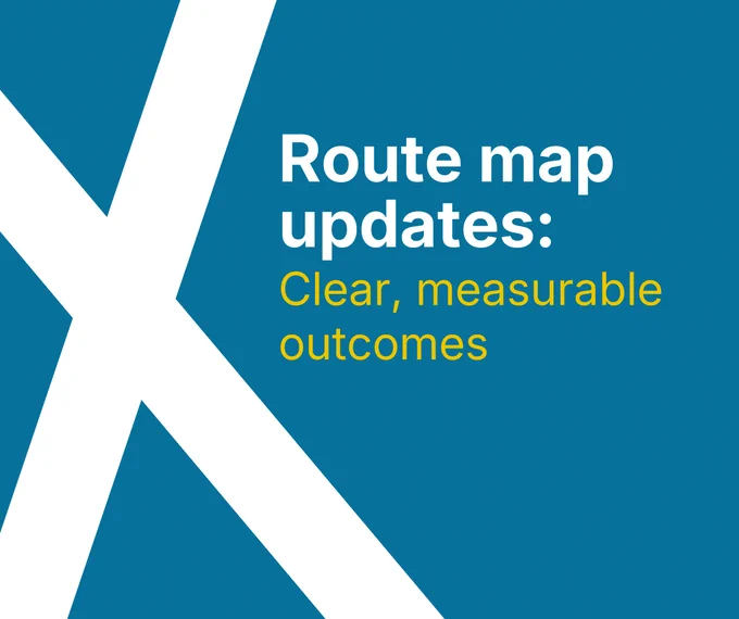 Blue background with white lines crossing as a stylised Scottish flag. White and yellow text stating the route map updates include clear, measurable outcomes.