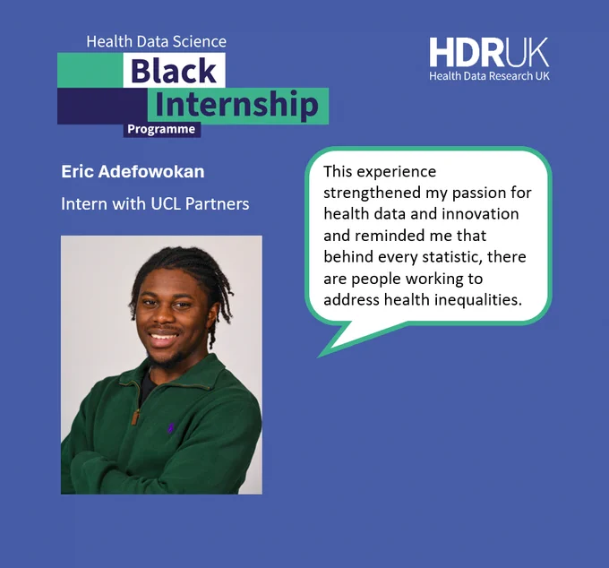 Quote card from Eric Adefowokan. Quote reads: "This experience strengthened my passion for health data and innovation and reminded me that behind every statistic, there are people working to address health inequalities"