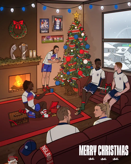 A Merry Christmas graphic from the England team, featuring several players surrounding a fireplace and Christmas tree
