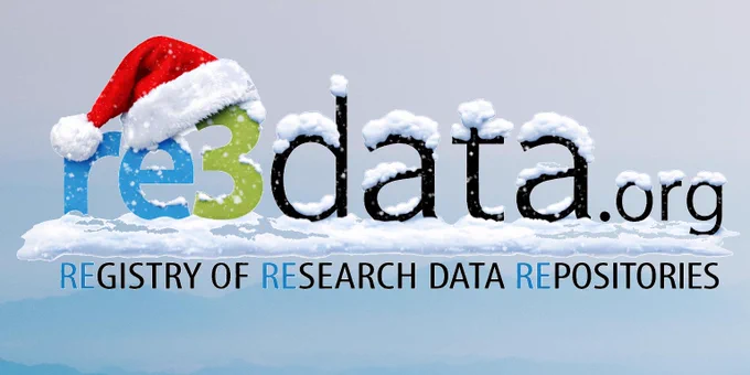 re3data logo with a red santa hat and covered in snow, in front of a faded blue background.