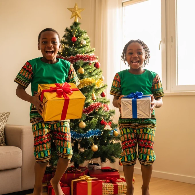 Two African kids in matching green tops and patterned shorts, mid jump, each holding a wrapped gift. Joyful mood. Shot in a bright living room with a decorated tree behind them. Clear daylight coming through a window.