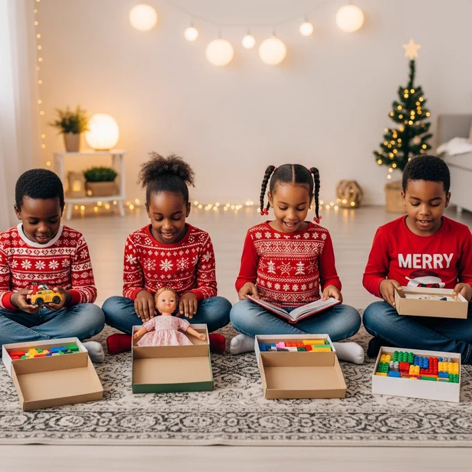 Four African kids sitting cross legged on a rug, dressed in red and white holiday shirts. They are looking down at opened gift boxes. Indoor setting with soft warm bulbs and simple decor.