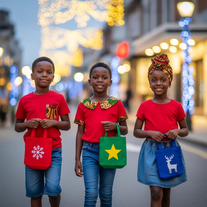Three African kids walking side by side, each holding a small Christmas tote. Outfits mix red shirts, denim, and Ankara touches. Relaxed expressions. Outdoor evening street with bright lights in the background.