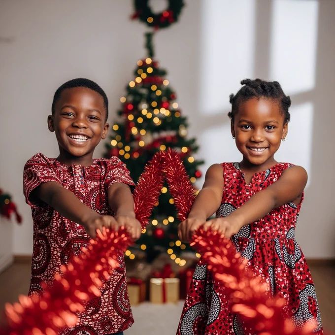 Two African kids standing at both ends of a red garland, stretching it out toward the camera. Playful mood. Outfits are simple Ankara tops with a touch of red. Indoor room with a Christmas tree behind them and mild shadows.