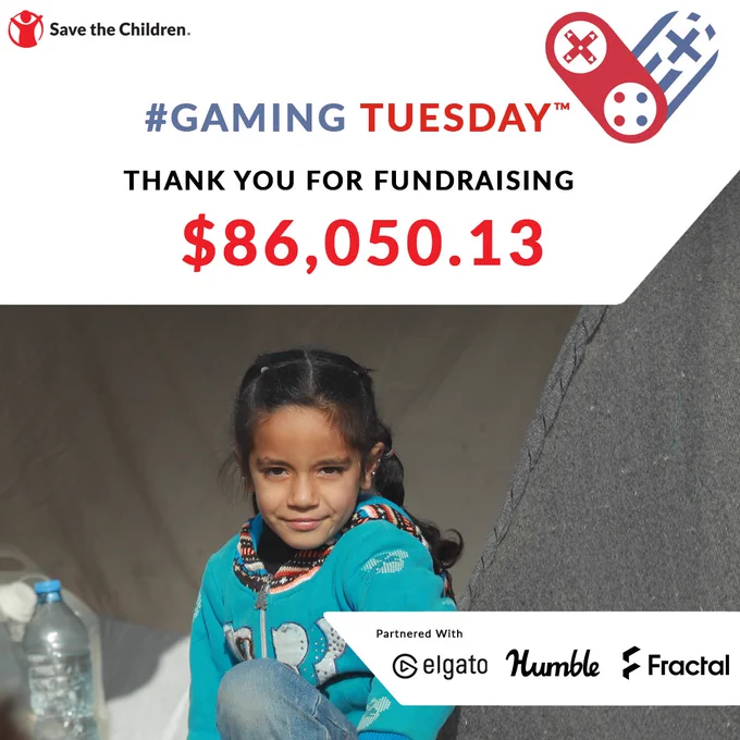Save the Children logo followed by Gaming Tuesday Text and Logo. Thank you for fundraising $86,05.13. Partnered with text with the logos of Elgato, Humble, Fractal. Image of a girl smiling with dark hair wearing jeans and a blue sweatshirt.