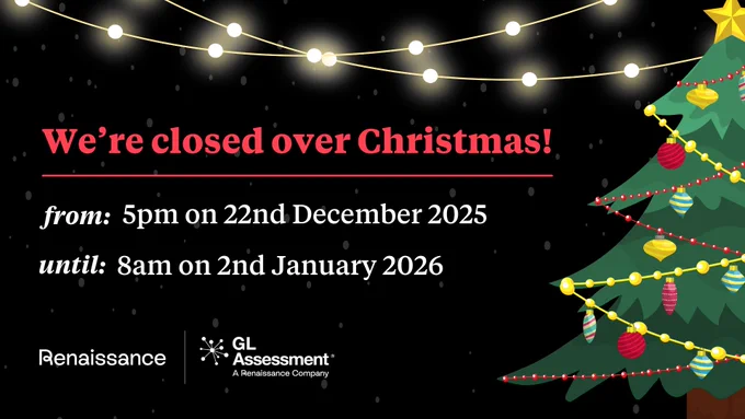 Image displaying a holiday closure notice with festive decorations. Text reads "We're closed over Christmas! from: 5pm on 22nd December 2025 until: 8am on 2nd January 2026," including logos of Renaissance and GL Assessment. Decor includes string lights and a Christmas tree.