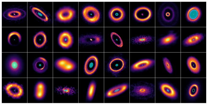 A collage of 32 glowing discs on a black background. Each disc shows concentric rings in vivid colours: purple, orange, and yellow, with bright cyan centres. The discs vary in size and orientation, creating a striking pattern of circular and elliptical shapes.