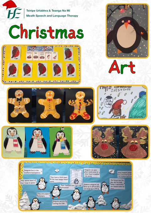 Title: Christmas Art
Images are drawn/cut-out and coloured-in pictures:
1. A penguin.
2. Seven robins with facts about robins written around them.
3. Three gingerbread men.
4. A drawing of a woman with a Santa hat on her, and a hill in the background with a blue car on it.
5. Three penguins.
6. Two reindeer faces.
7. Seven penguins with penguin facts written around them.