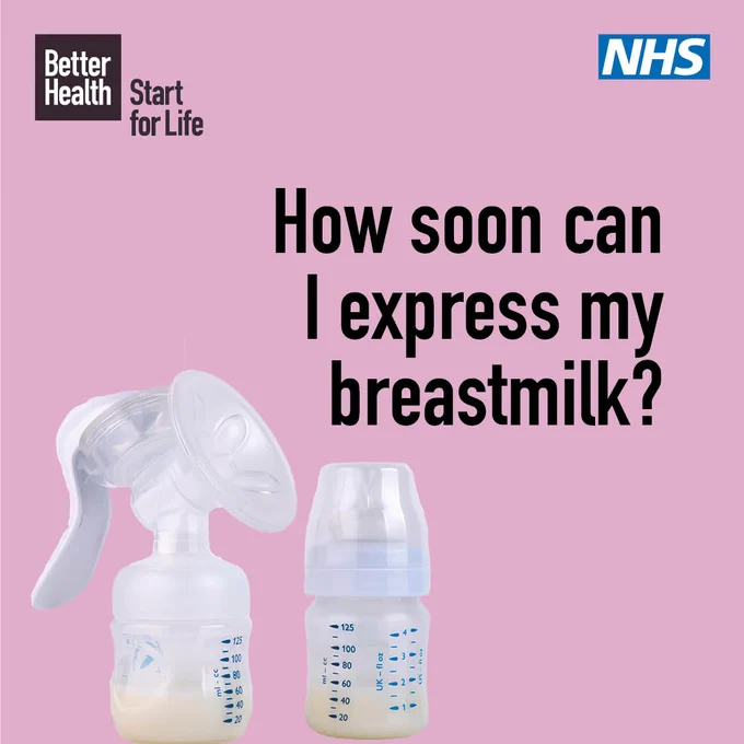 NHS. Better Health Start For Life. text on pink background with an express pump and feeding bottle and the text reads 'How soon can I express my breastmilk?'