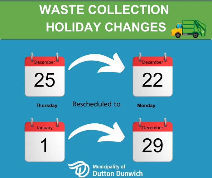 Waste Collection Holiday Changes.
December 25th will be picked up on Monday December 22nd.
January 1st will be picked up on Monday December 29th.