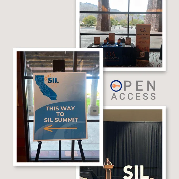 A collage features a "This Way to SIL Summit" sign, an "Open Access" booth with brochures, and a stage with a speaker and large "SIL" letters against a black curtain.