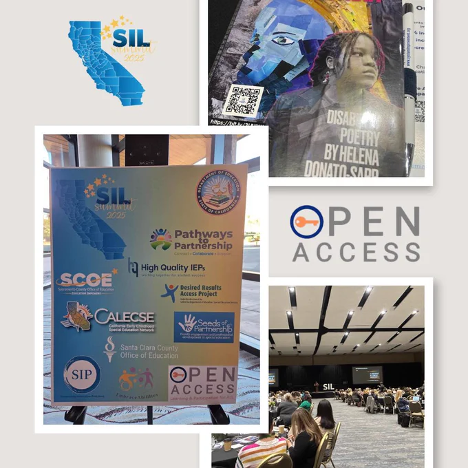 A collage with a California map and “SIL 2023” logo, , an Open Access logo, a photo of a book titled “Disability” by Helena Donato-Sapp, and a large conference room with attendees.
