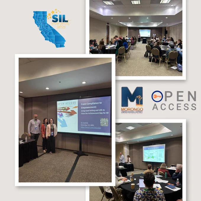 A collage of photos from a conference at Morongo, showing people attending presentations in a conference room, presenters posing by a screen, and logos for SIL and Open Access.