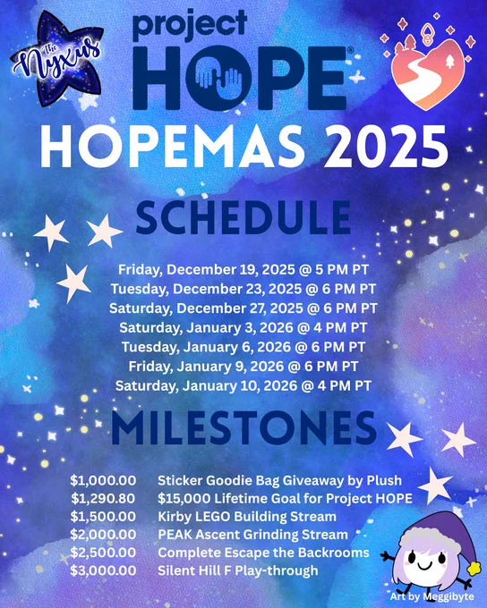 A blue and winter themed graphic lists the stream dates and milestones for Nyxena's 2025 HOPEmas charity campaign. Streams occur on Dec 19, 23, 27, and Jan 3, 6, 9, and 10. Milestones include a sticker goodie bag giveaway from Plush, a special number milestone, a LEGO stream, a PEAK challenge stream, a stream to complete the game Escape the Backrooms, and a Silent Hill F play-through.