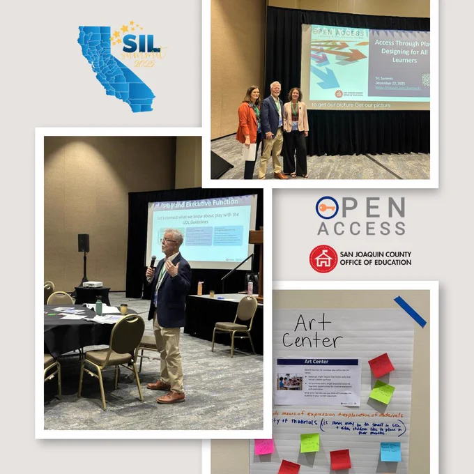 A collage featuring photos from a conference: presenters stand on stage, presenter speaks into a microphone, and a poster titled “Art Center” with sticky notes is displayed. Logos are included as well.
