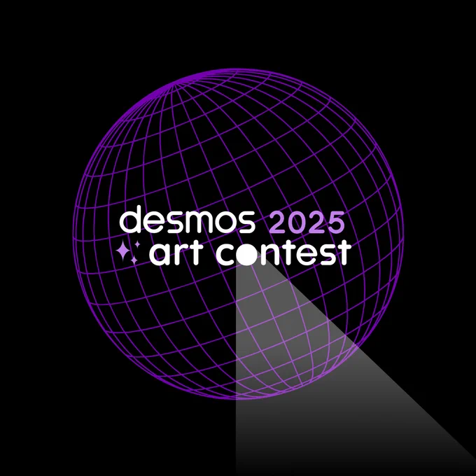A black background with a glowing purple wireframe sphere tilted in perspective. Centered on the sphere is white and purple text reading “desmos ✨ art contest 2025.” A soft gray triangular spotlight shines downward to the lower right.