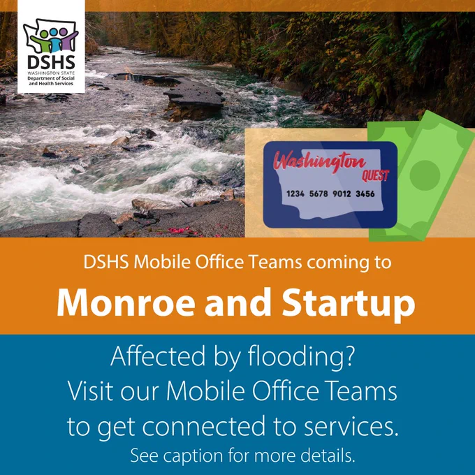 Photo of flooding river. Illustration of Washington EBT card and cash. DSHS logo. Text matches post.