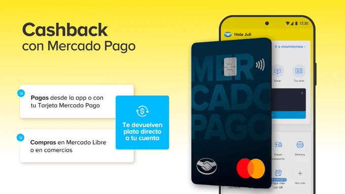  Imagen de Mercado Pago Chile que muestra la tarjeta prepago y un teléfono con la app y los textos: Cashback con Mercado Pago: Pagas desde la app o con tu tarjeta Mercado Pago. Compras en Mercado Libre o en comercios: Te devuelven plata directo a tu cuenta digital
