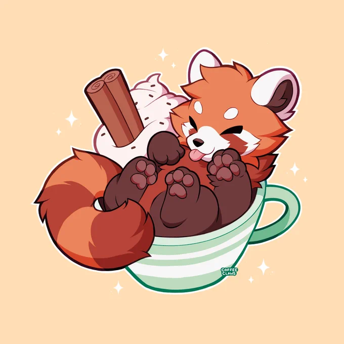Artwork featuring a fluffy red panda snuggled inside of a green mug with whipped cream and cinnamon toppings. The red panda is sticking out its tongue and has its paws in the air. Its tail is hanging over the side of the cup.