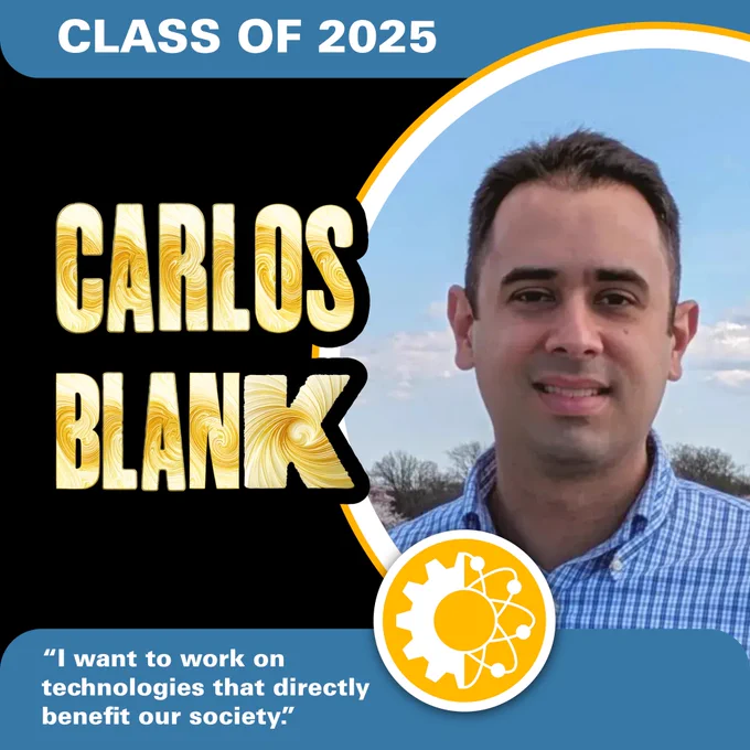 A post about “Carlos Blank” who is a “Class of 2025” graduate. It includes a photo of him, a gold MNE logo, and a quote from Carlos which reads, “I want to work on technologies that directly benefit our society."