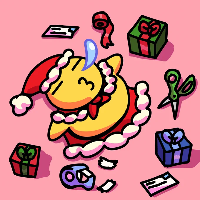 Topato Potato in a santa outfit sleeps cutely with many wrapped presents surrounding him on a light pink background