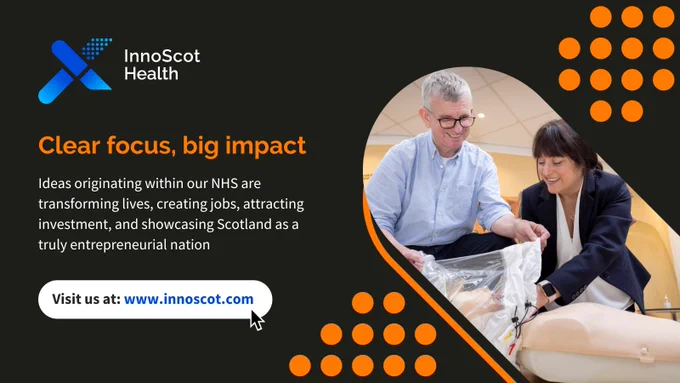 Two clinical staff members using the SARUS Hood to safely provide resuscitation on a dummy, alongside the text - "Clear focus, big impact - Ideas originating within our NHS are transforming lives, creating jobs, attracting investment, and showcasing Scotland as a truly entrepreneurial nation"