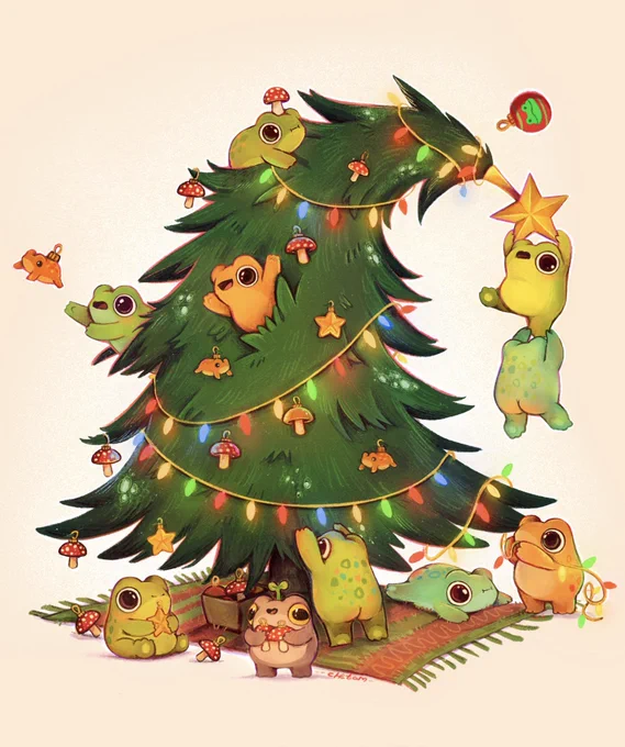cute tiny frogs messing around with a Christmas tree illustration by chetom 