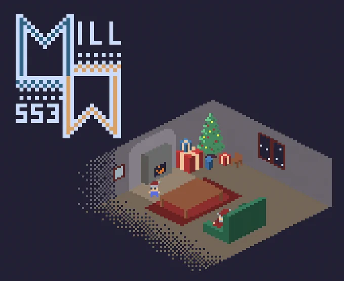 MillMess' logo, with a kid about to open their presents early on the right.