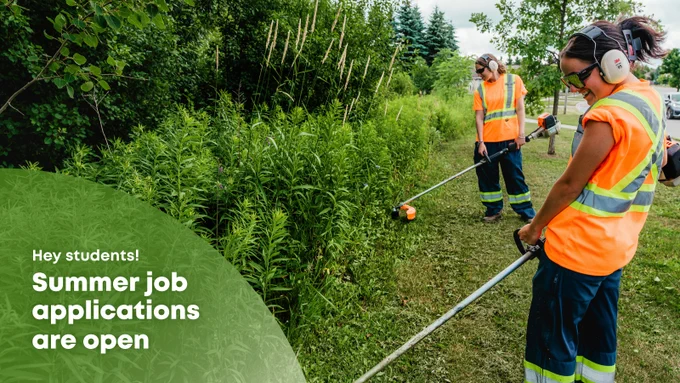 Two workers in orange safety vests trimming grass with weed trimmers.