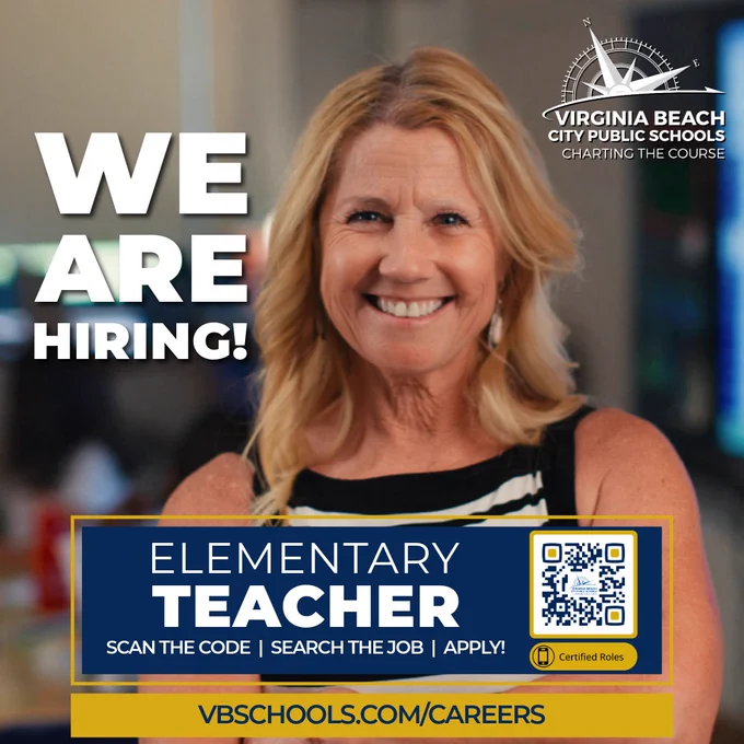 In background is photo of adaptive PE teacher. In the foreground is the VBCPS logo and text: "WE ARE HIRING! WE ARE HIRING ELEMENTARY TEACHERS SCAN THE CODE | SEARCH THE JOB | APPLY! VBSCHOOLS.COM/CAREERS"