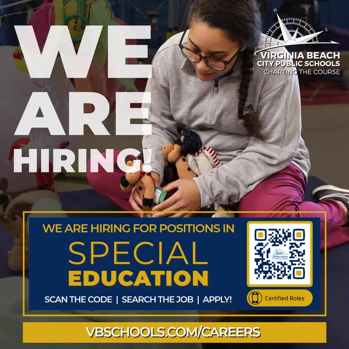 In background is photo of adaptive PE teacher. In the foreground is the VBCPS logo and text: "WE ARE HIRING! WE ARE HIRING FOR POSITIONS IN SPECIAL EDUCATION SCAN THE CODE | SEARCH THE JOB | APPLY! VBSCHOOLS.COM/CAREERS"