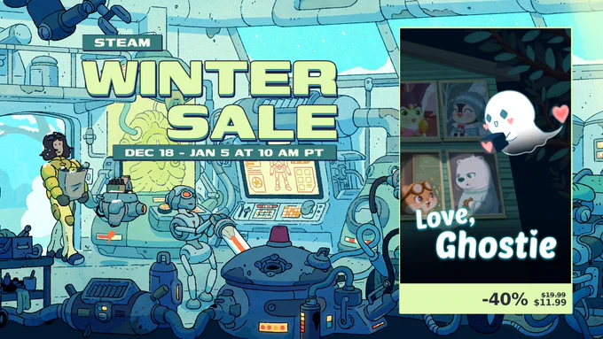 Steam Winter Sale keyart with Love, Ghostie on the right side with -40% off at $11.99