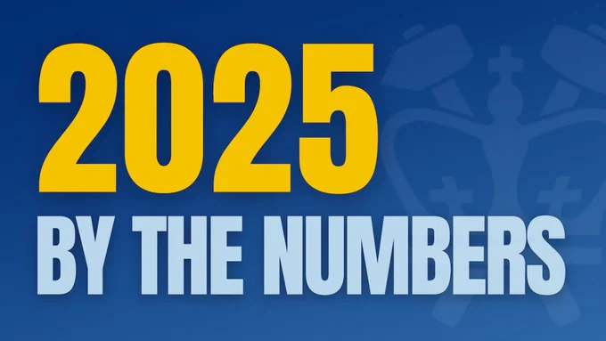 Blue box with "2025" in large gold letters and "by the number" in pale blue letters. There is a faint image of the Columbia Engineering crown logo in the background on the right side of the blue box.