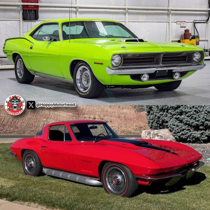 The provided image is a composite featuring two classic American sports cars displayed one above the other.

Top section: A brightly lit indoor garage setting with a 1970 Plymouth 'Cuda painted in vivid Sublime Green. The car is positioned at a three-quarter front angle, showcasing its aggressive stance, black vinyl roof, hood scoops, chrome bumper, dual round headlights, and Goodyear Polyglas tires on rally wheels. A logo in the bottom left reads "HAPPY MOTORHEAD" with a skull graphic and the handle "@HappyMotorhead".

Bottom section: An outdoor scene with a 1963 Chevrolet Corvette Split-Window Coupe in Riverside Red, parked on grass beside landscaping. It is shown from a similar three-quarter front angle, highlighting the iconic split rear window, hood vents, chrome side pipes, knock-off wheels with redline tires, and classic Corvette badging.

The overall image contrasts the bold, muscle-car presence of the Plymouth against the elegant, mid-century design of the Corvette.