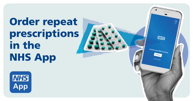 Order repeat prescriptions in the NHS App text above images of a mobile phone and tablets, and NHS App logo at the bottom.