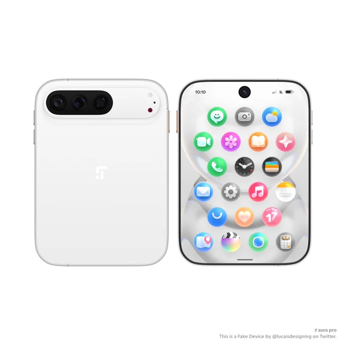 a wide and short phone with 3 cameras and a futuristic, clean & playful look with cute icons