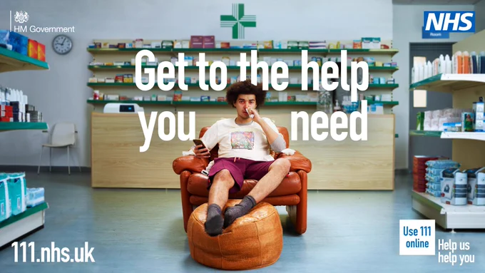 A man is sat on an armchair looking unwell. He's holding a tissue to his nose. The man is using a phone. The armchair is placed in the middle of a pharmacy.

The headline text reads: "Get to the help you need"

The help us help you logo features in the bottom right of the image. The NHS logo features in the top right of the image. 