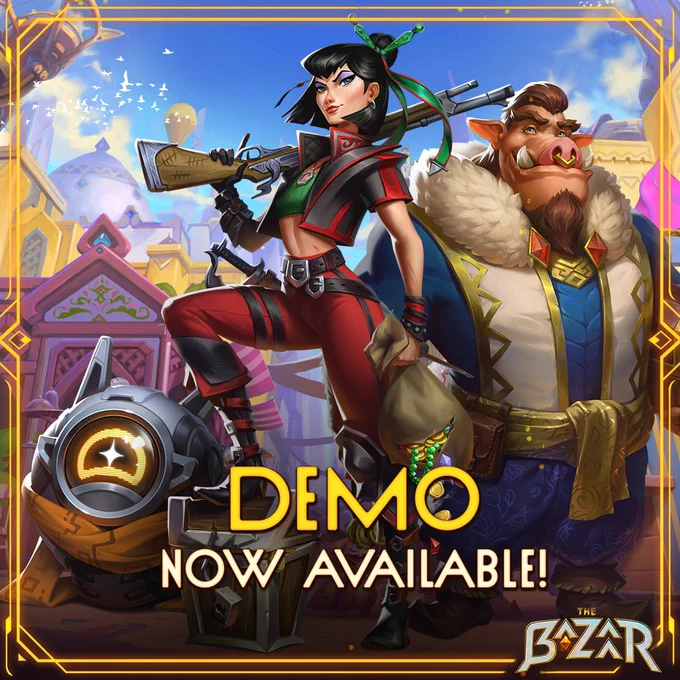 The Bazaar's main characters, Vanessa, Pygmalien, and Dooley, pose in front of a cityscape. The message reads: "Demo, Now Available!"