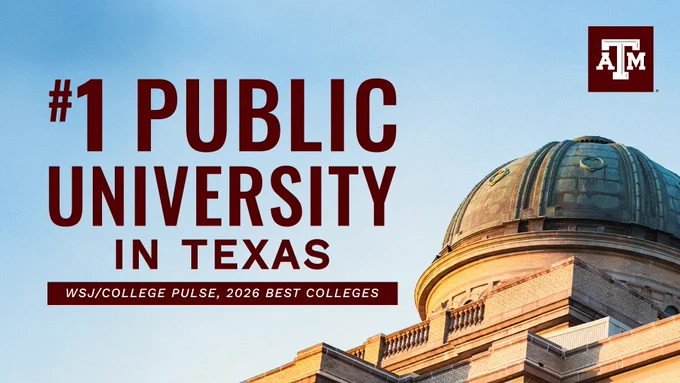 Promotional image featuring the top of a brick building with a dome, representing Texas A&M University, labeled as '#1 Public University in Texas' according to WSJ/College Pulse, 2026 Best Colleges.