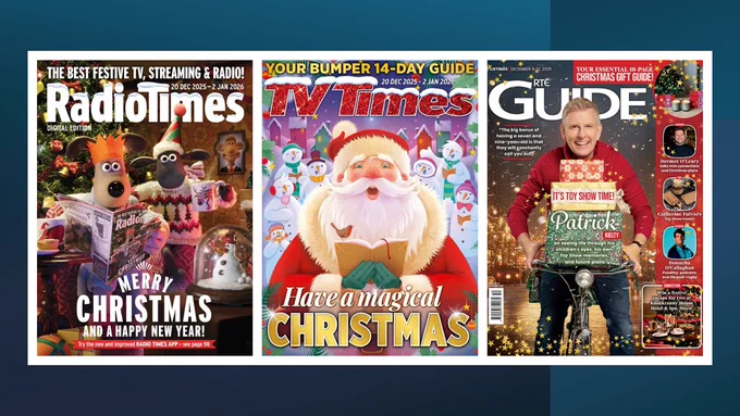 Three Christmas-themed magazine covers displayed side by side.  The first cover is Radio Times featuring festive decorations and characters from Wallace & Gromit, with the headline: “Merry Christmas and a Happy New Year!” and dates “20 Dec 2025 to 2 Jan 2026.” The middle cover is TV Times with a large illustration of Santa Claus holding a golden book, surrounded by snowmen and Christmas lights. The headline reads: “Have a magical Christmas” and includes a “14-Day Guide” banner. The third cover is RTÉ Guide with a Christmas gift guide theme, featuring a person holding a wrapped present while sitting on a bicycle decorated with lights. Text includes: “It’s Toy Show Time!” and “Patrick.”