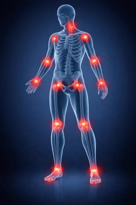 Cartoon transparent human with skeleton showing, red glowing points on joints to indicate pain