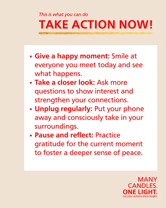 The image displays a list of actions people can take to make a positive impact, including smiling at others, asking more questions, putting away their phone, and practicing gratitude.