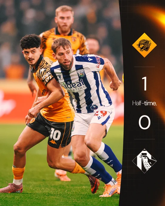 Half-time graphic reads Hull City 1-0 West Brom, featuring a photo of Mo Belloumi