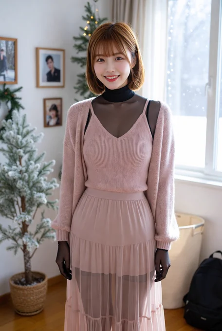 create analog photo of Young Asian woman, fair skin, slim, shoulder-length light brown hair with blunt bangs, light makeup, smiling. Wearing lite pink sleeveless ribbed V-neck tank top layered under a soft wool cardigan and matching semi-sheer tiered flowy maxi skirt, ankle-length, subtly revealing legs. In cozy minimalist room: wooden floor, white walls, framed photos (one of a person), window with sheer curtains showing light snowfall outside, potted plant dusted with faux snow, beige laundry basket, black backpack, subtle winter decorations like string lights and pine branches. Soft natural light, warm pastels with cool blue tones from snow, photorealistic, high detail, serene winter atmosphere. Underneath the top, all her skins below her head must be completely covered by black sheer nylon pantyhose encasement. 