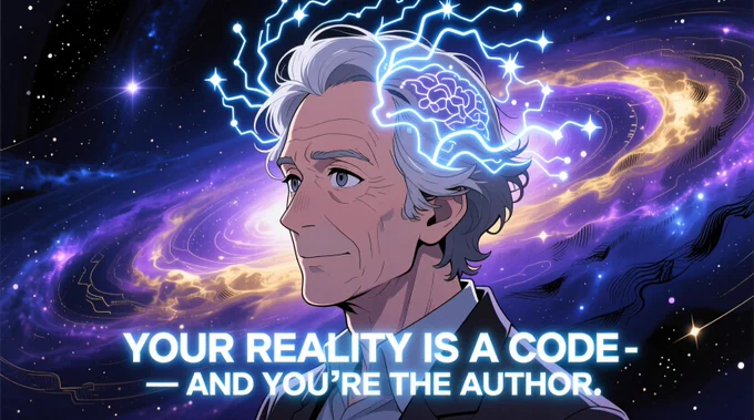 Anime-style illustration of Oliver Sacks with glowing neural circuits around his head against a cosmic background, conveying the idea that human perception constructs reality — text overlay reads: “YOUR REALITY IS A CODE — AND YOU’RE THE AUTHOR.