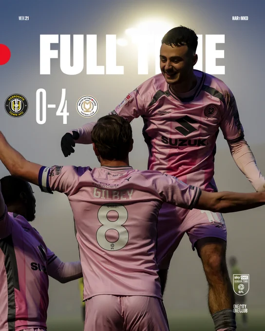 Full-time graphic featuring an image of Alex Gilbey and Aaron Collins. Harrogate Town 0-4 MK Dons.