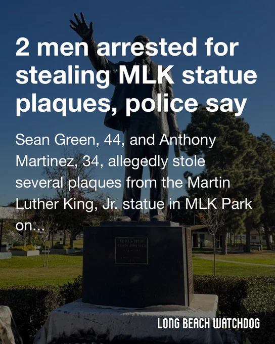 2 men arrested for stealing MLK statue plaques, police say.
Sean Green, 44, and Anthony Martinez, 34, allegedly stole several plaques from the Martin Luther King, Jr. statue in MLK Park on Nov. 27, according to authorities.