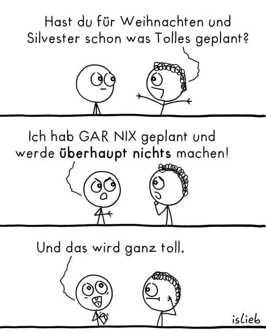 Der Comic besteht aus drei untereinander angeordneten Bildern (Panels) und zeigt einen Dialog zwischen zwei Strichmännchen.

Panel 1: Die rechte Figur fragt die linke Figur freudig: „Hast du für Weihnachten und Silvester schon was Tolles geplant?“

Panel 2: Die linke Figur antwortet sehr energisch und mit Nachdruck: „Ich hab GAR NIX geplant und werde überhaupt nichts machen!“ Die rechte Figur schaut dabei nachdenklich zu.

Panel 3: Die linke Figur schaut nun völlig zufrieden und glücklich drein und sagt: „Und das wird ganz toll.“ Die rechte Figur kratzt sich etwas ratlos am Kopf.
