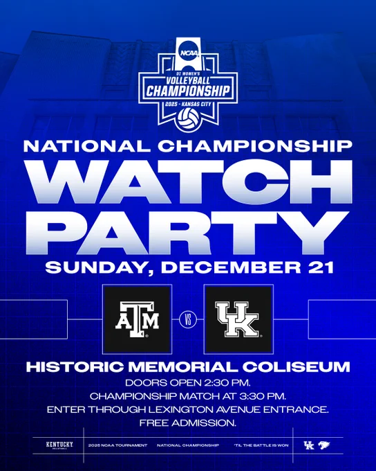 Promotional poster for the NCAA Volleyball Championship Watch Party featuring Texas A&M and University of Kentucky on Sunday, November 21, at the historic Memorial Coliseum. Event starts at 2:30 PM with free admission.

